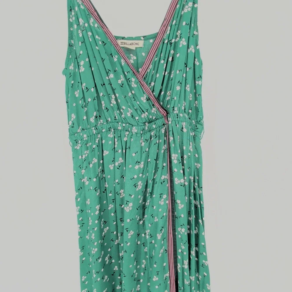 Billabong Green Floral Faux Wrap Maxi Dress M Boho Sleeveless Empire Waist - Picture 6 of 13